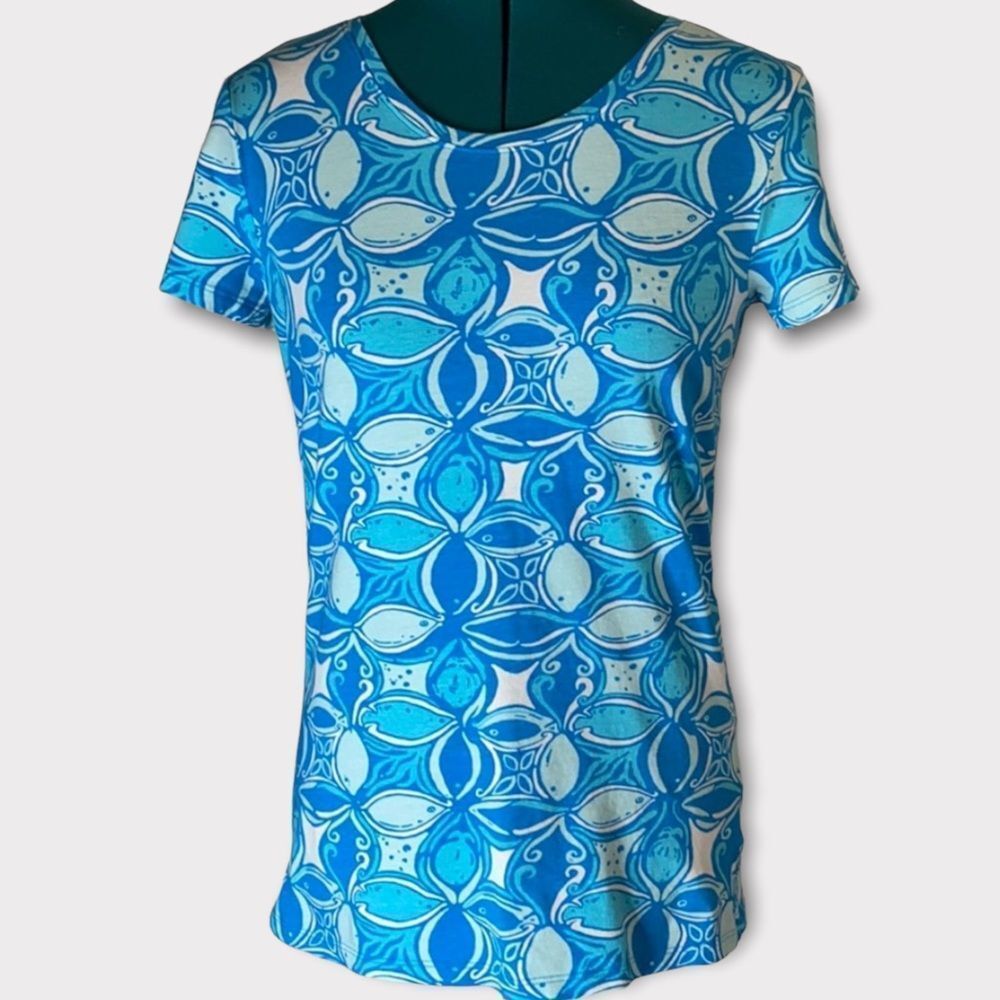 LILLY PULITZER Shirt Blue Top Floral Blouse Size S